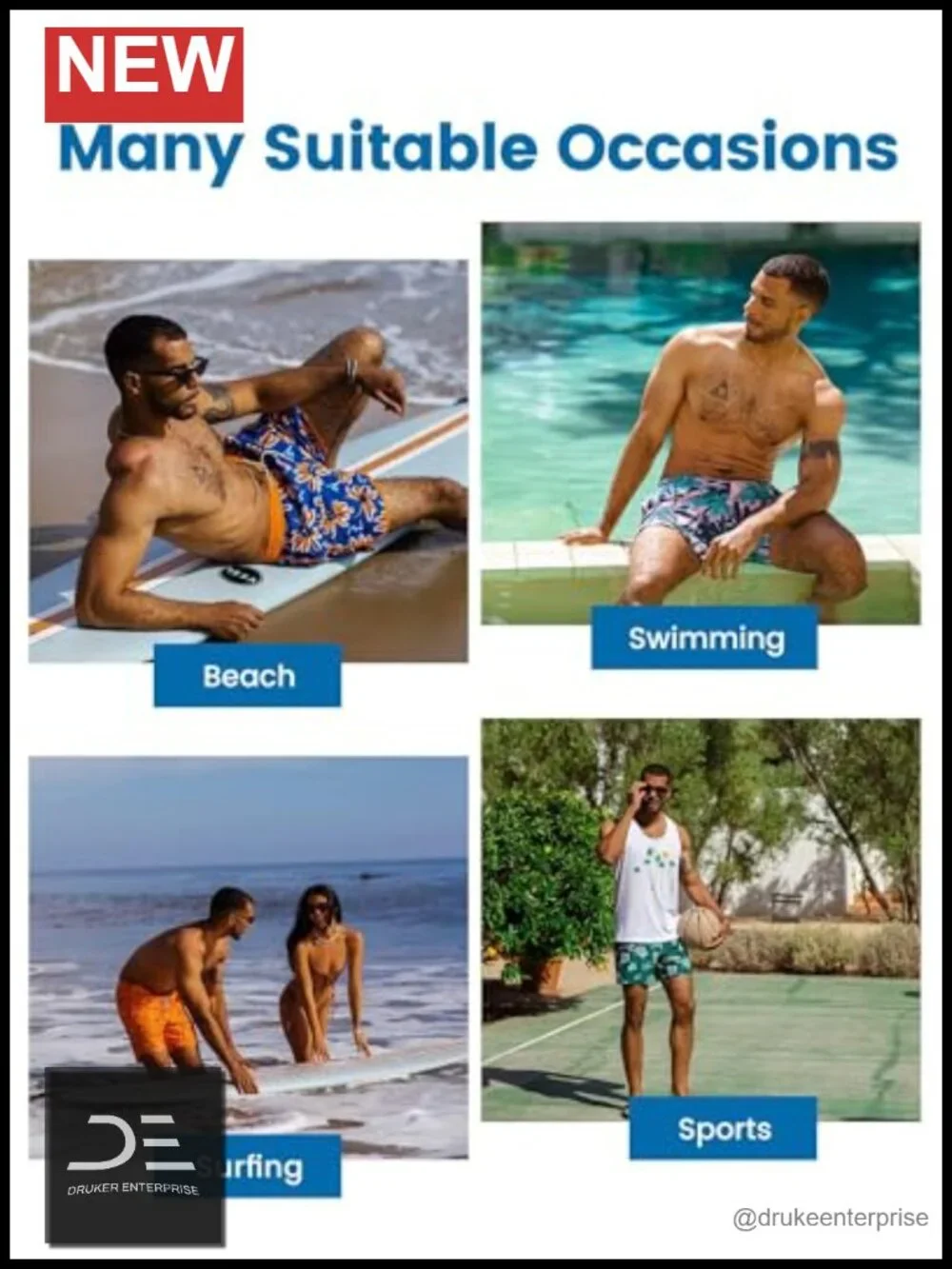 Men's Swim Trunks with Compression Liner, Quick Dry, Zipper Pockets, 5 Inch
